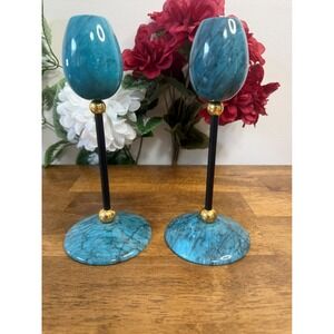 Vintage Blue Marble Brass Candle Holders‎ Retro Styling Blue Aqua Stone Decor